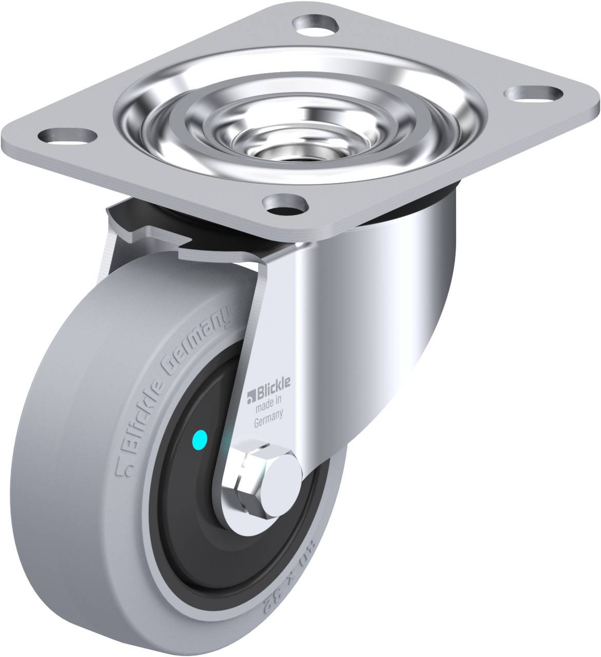 Stahlrahmen-Lenkrolle mit grauem Rad, geeignet für Möbel oder Geräte, schwenkbar und stabil für leichte bis mittelschwere Lasten.
