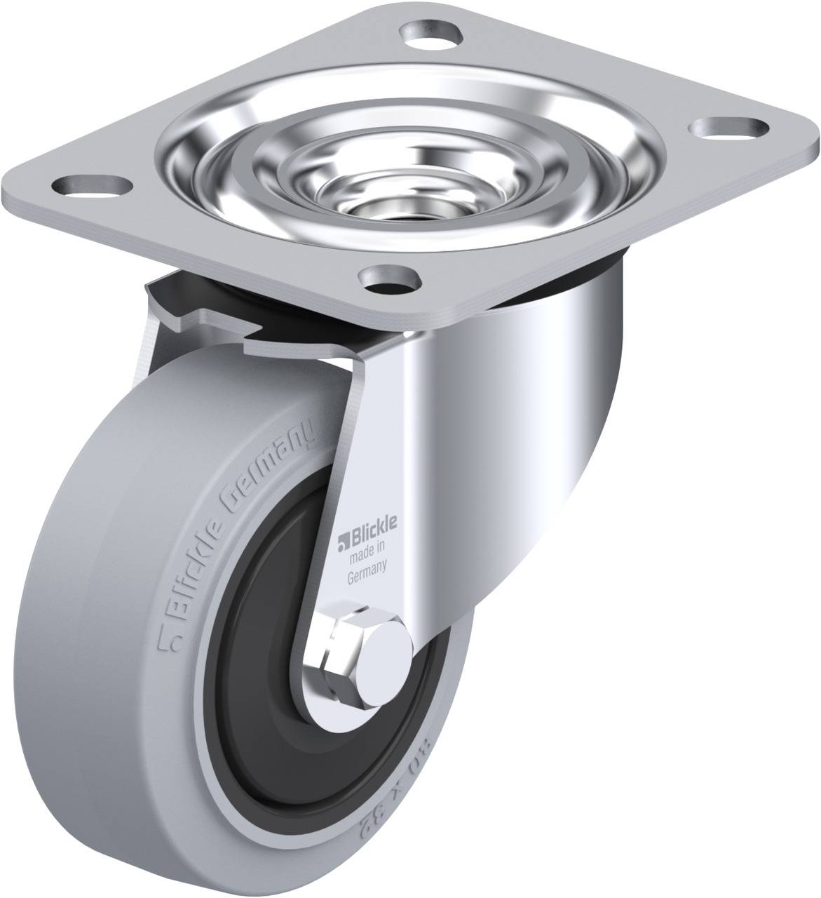 Einzelnes graues Laufrollen-Lenkrolle mit Platte, metallisch glänzend, dient zur Befestigung an Möbeln oder Geräten.