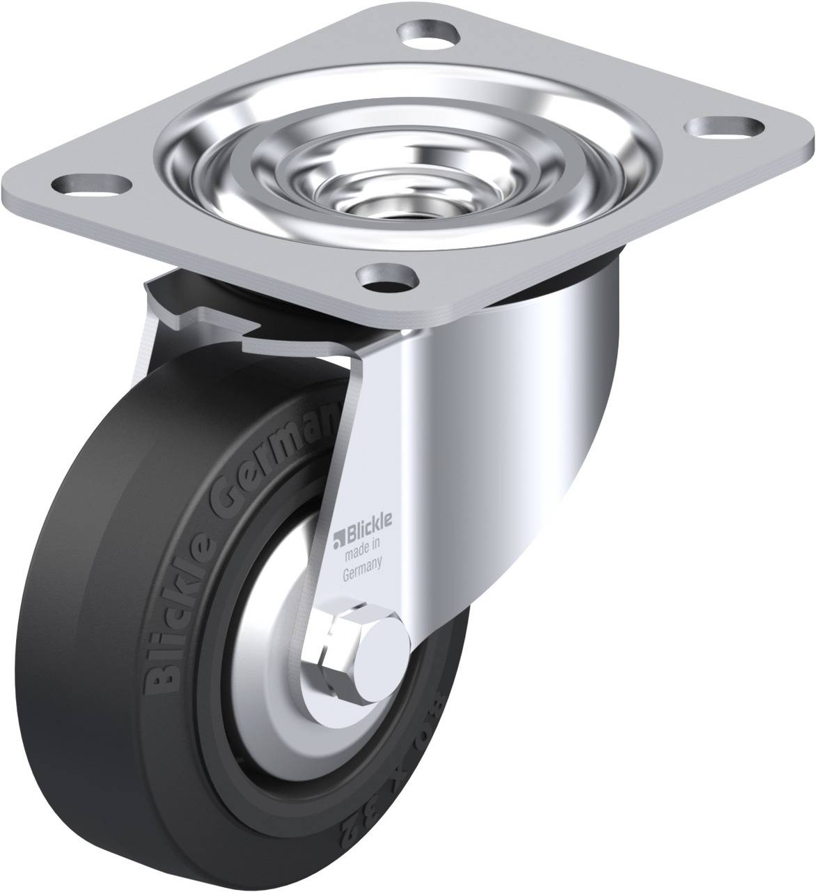 Schwenkrolle mit schwarzem Rad, Metallplatte zur Befestigung, geeignet für Möbel oder Industrieanwendungen.