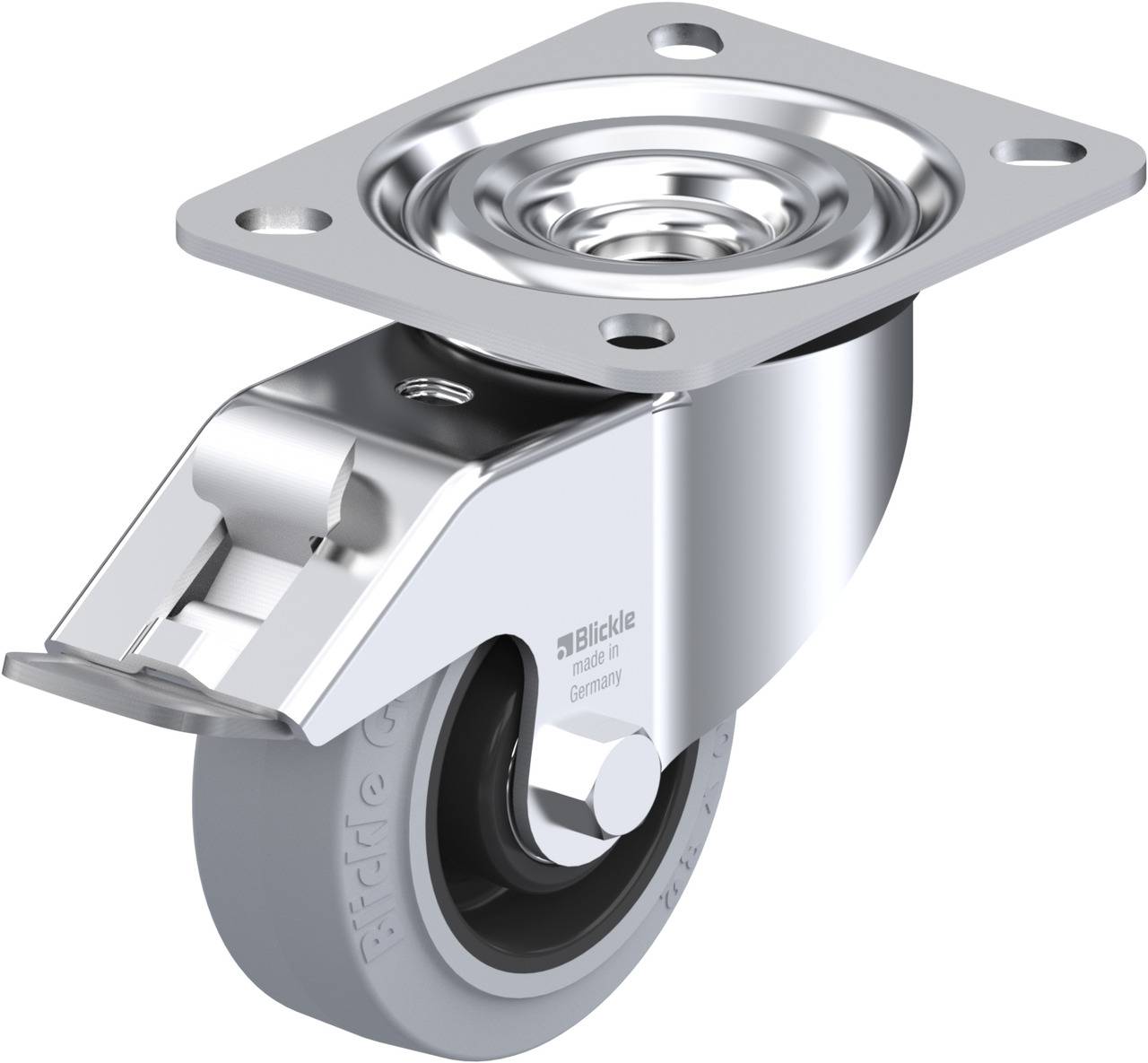 Rollenblock mit feststehender Metallplatte und grauem Rad, geeignet für Möbel oder Transportwagen.