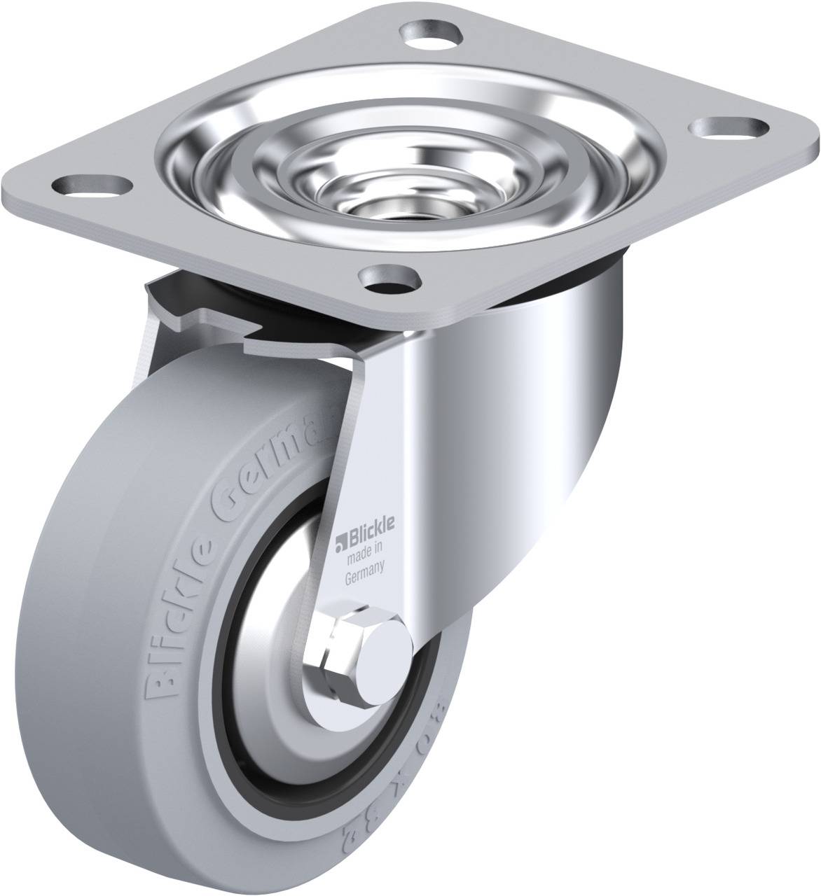 Schwenkrolle aus Metall und Gummi mit Befestigungsplatte, geeignet für Möbel oder Transportgeräte.