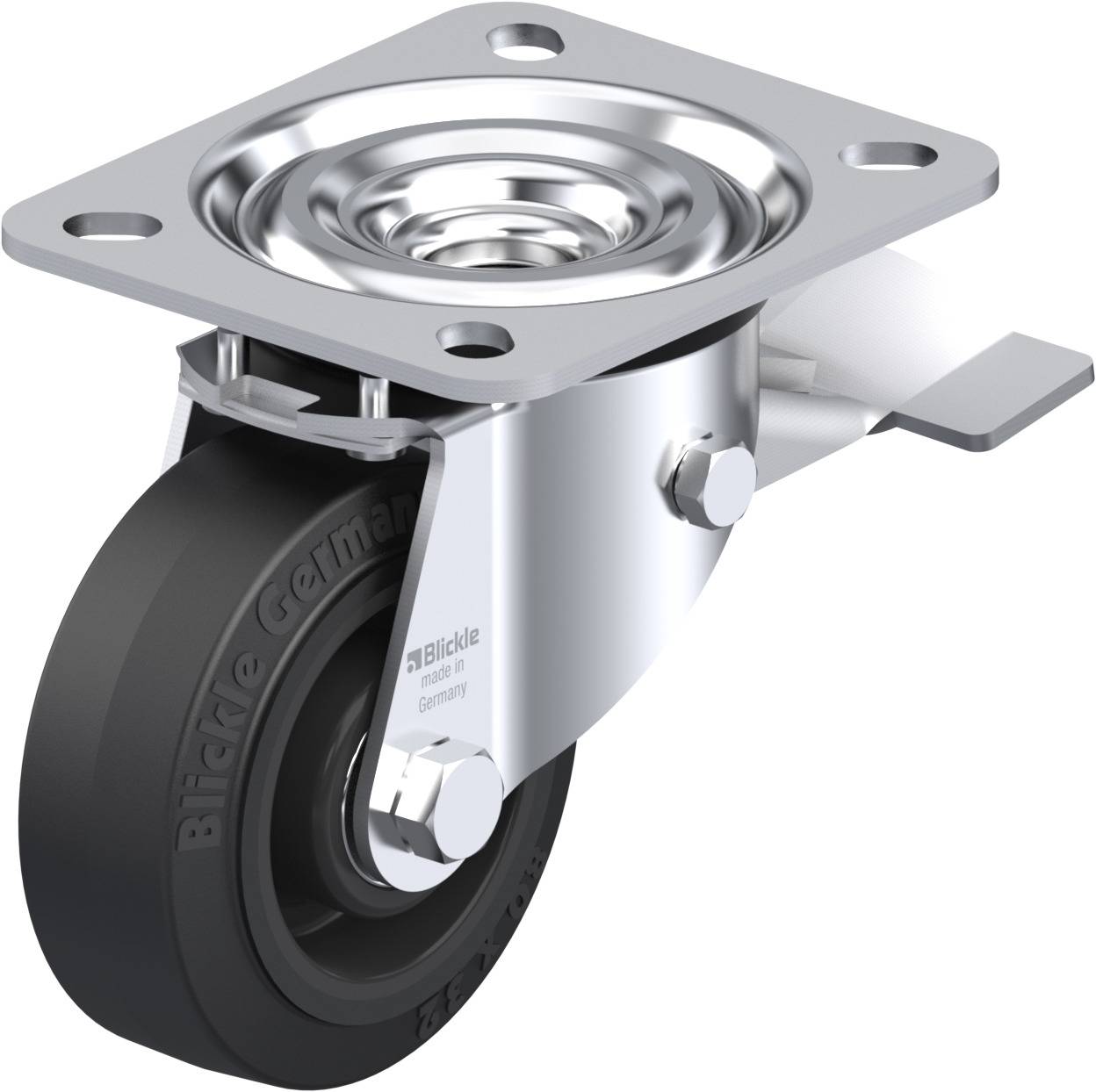 Eine drehbare Möbelrolle mit schwarzem Rad und silbernem Metallgehäuse, geeignet für flexible Beweglichkeit von Möbelstücken.