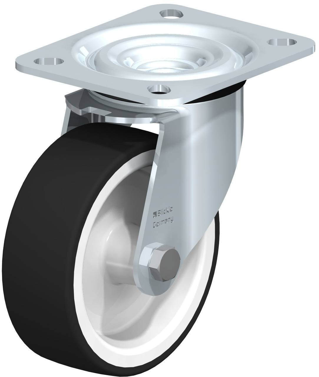 Industrie-Rolle mit schwarzem Gummireifen und silbernem Metallgehäuse zur Befestigung. Geeignet für schwere Lasten.