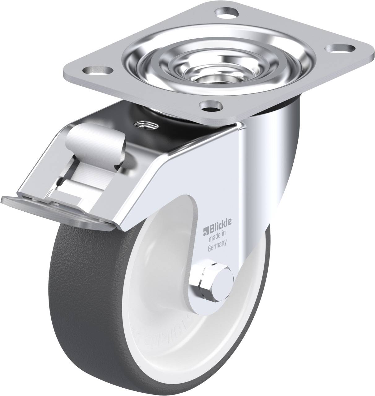 Metall-Rollenlager mit rechteckiger Montageplatte und grauem Rad, geeignet für schwere Lasten in industriellen Anwendungen.