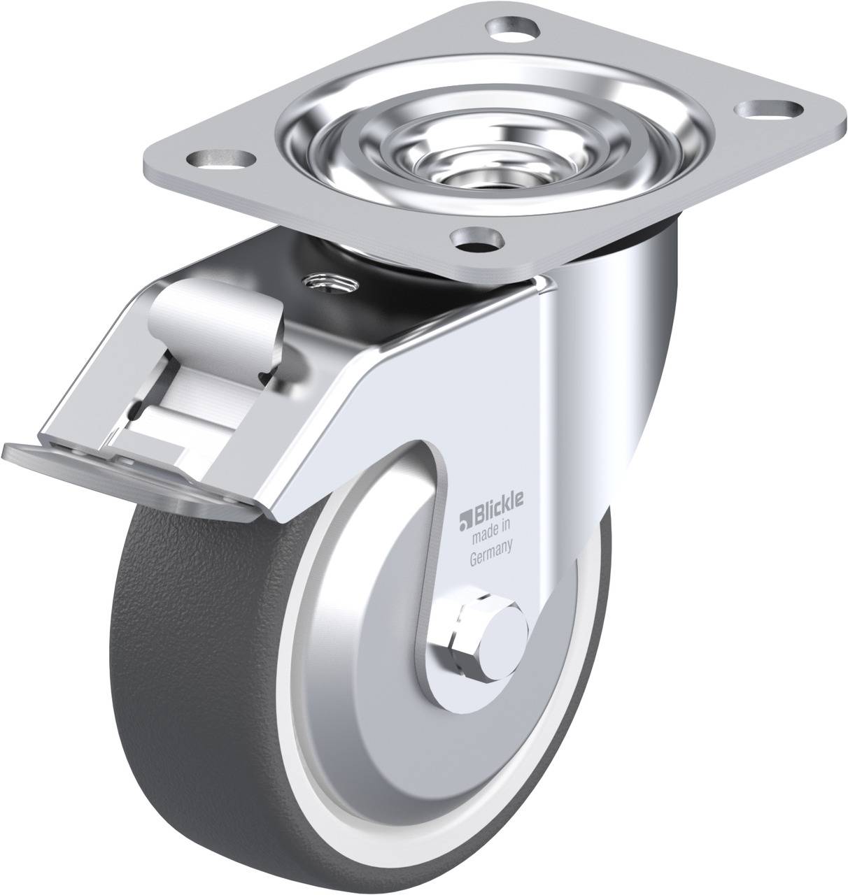 Metallrolle mit grauem Gummirad und silberner Halterung, offenbar für Möbel oder Transportgeräte geeignet.