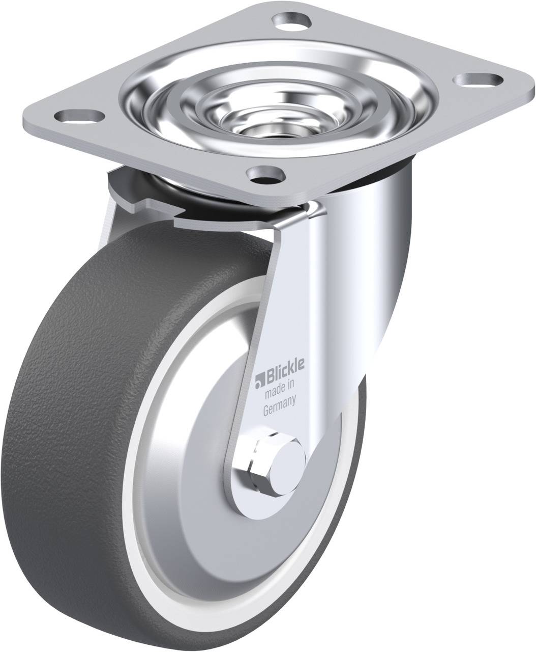 Ein einzelnes silbernes Laufrollenrad mit Drehgelenkplatte für Transportgeräte, mit einer grauen, synthetischen Lauffläche.