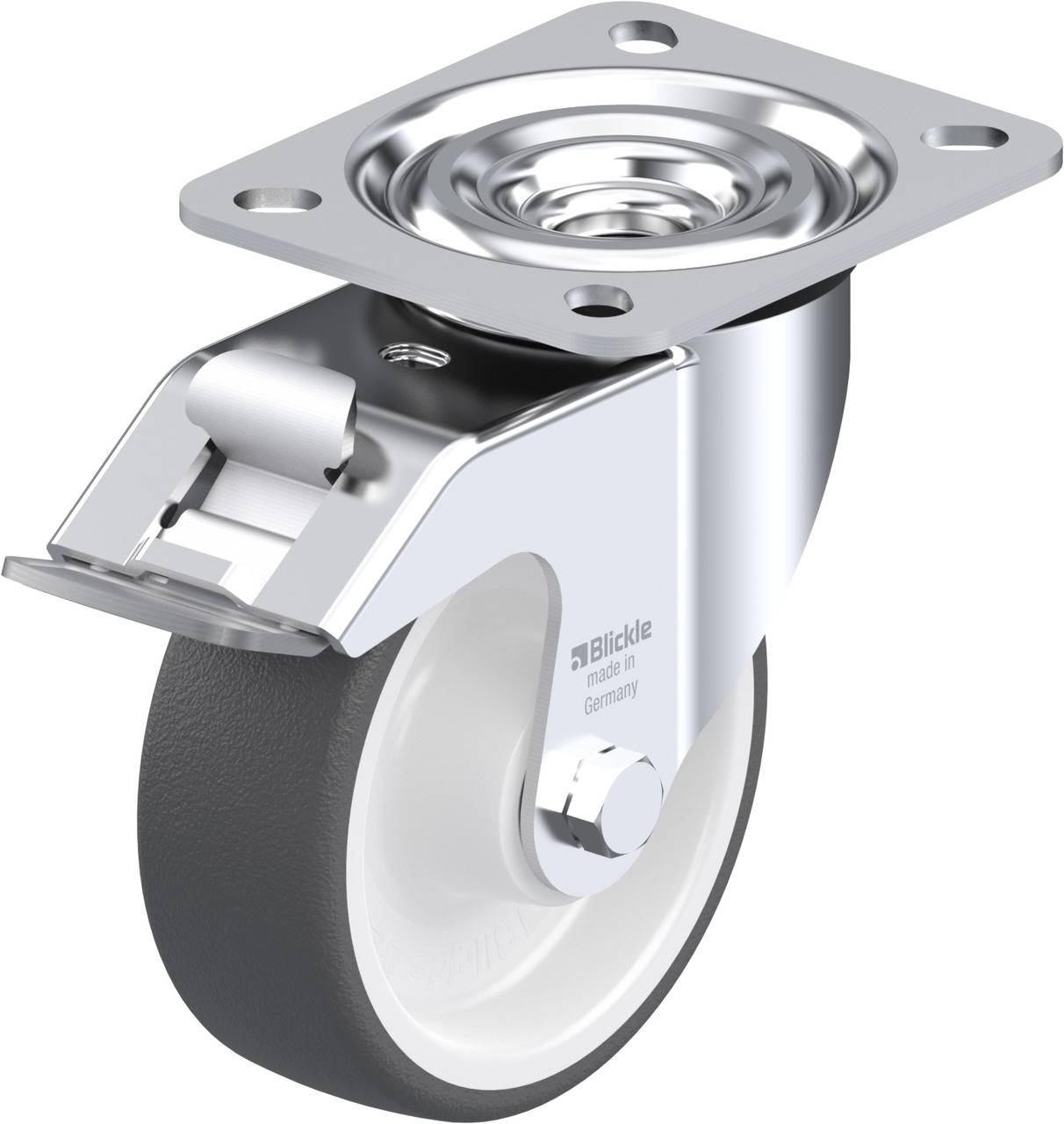 Schwenkrolle aus Metall mit grauem Gummirad und Befestigungsplatte, geeignet für industrielle Anwendungen.