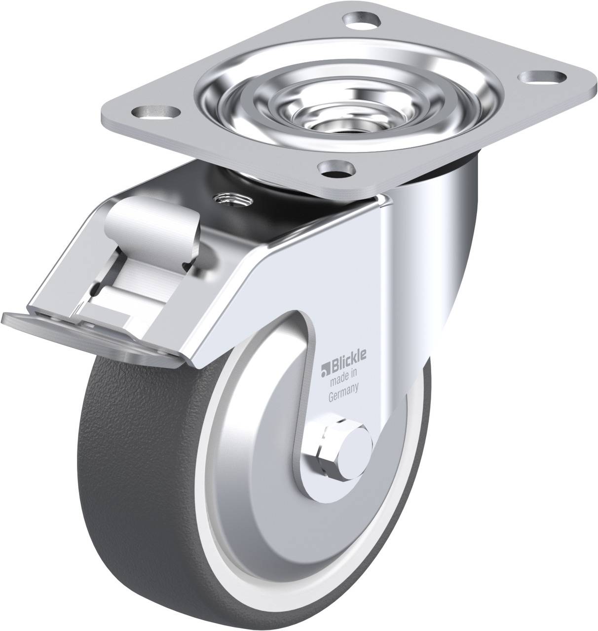 Metallisches Lenkrollenrad mit Befestigungsplatte. Es hat eine graue Gummilauffläche und eine Metallbremse zur Sicherung.