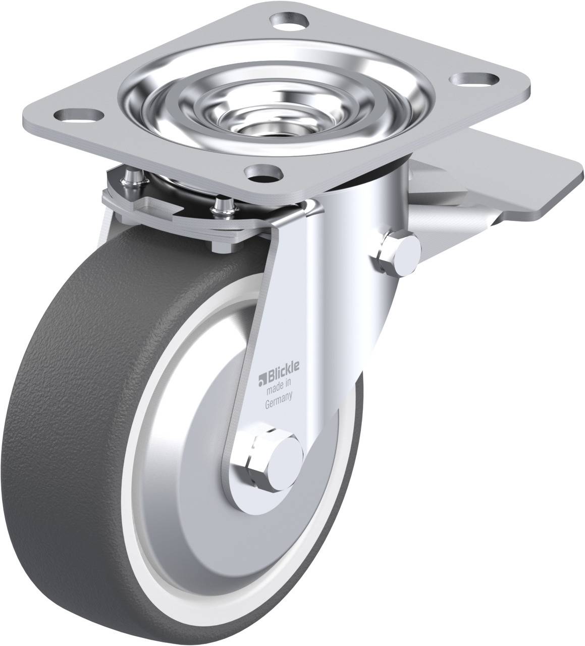 Drehbares Schwerlast-Lenkrollenrad aus Metall und Gummi, geeignet für Industrieanwendungen. Silvernes Gehäuse mit grauer Lauffläche.