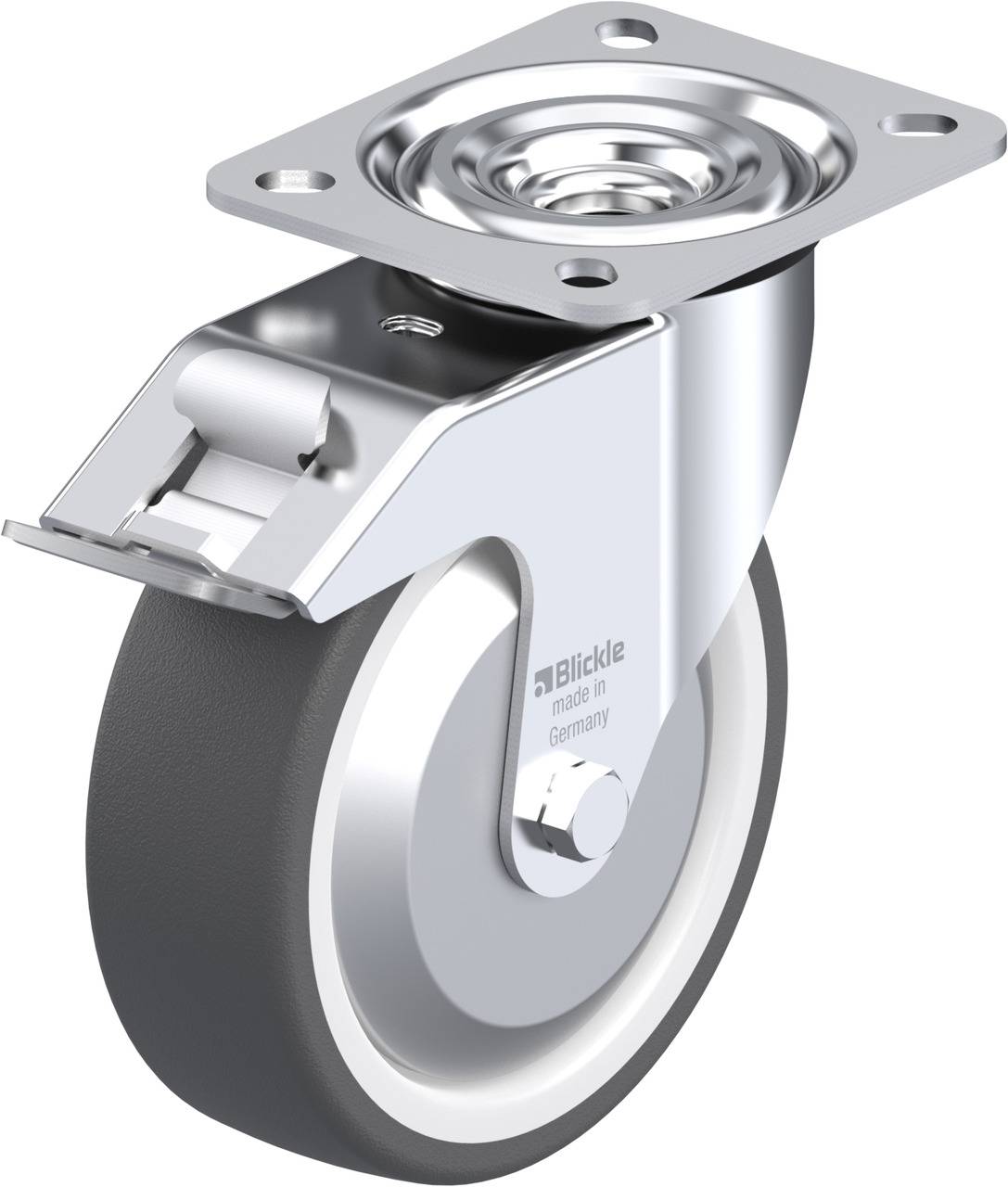 Rollenrad aus Metall mit grauem Gummi, montiert auf einer quadratischen Platte mit Schraublöchern, geeignet für vielseitige Anwendungen.