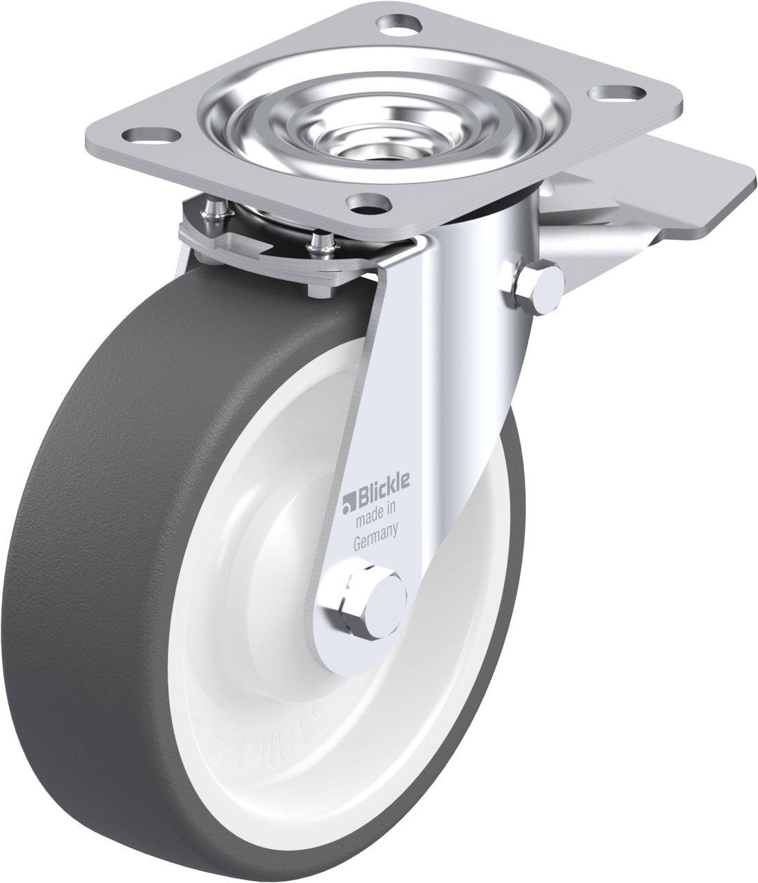 Industrie-Schwenkrolle mit grauem Gummi-Rad, Metallgehäuse und Platte für die Montage. Geeignet für schwere Lasten in Fabriken.