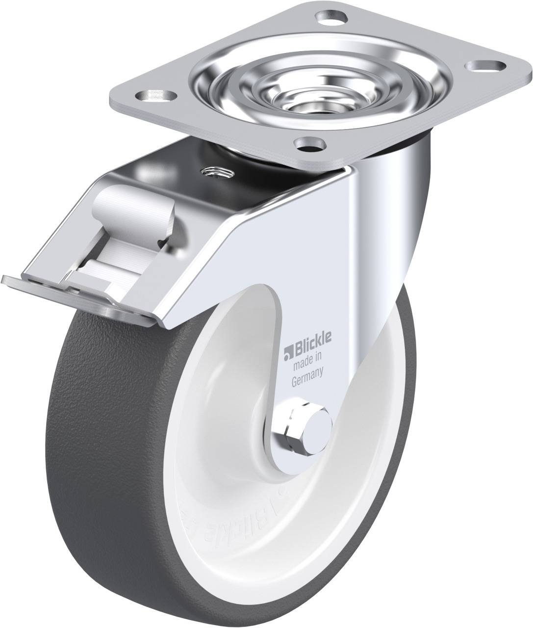 Industrie-Lenkrolle mit grauem Gummi und silbernem Metallgehäuse, geeignet für den Einsatz an Transportgeräten.
