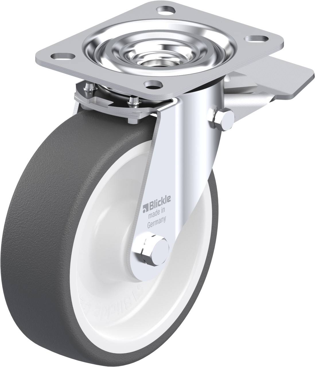 Schwenkrolle aus Metall mit grauem Reifen, markiert mit 'Blickle made in Germany', zeigt die Kombination aus Robustheit und Mobilität.