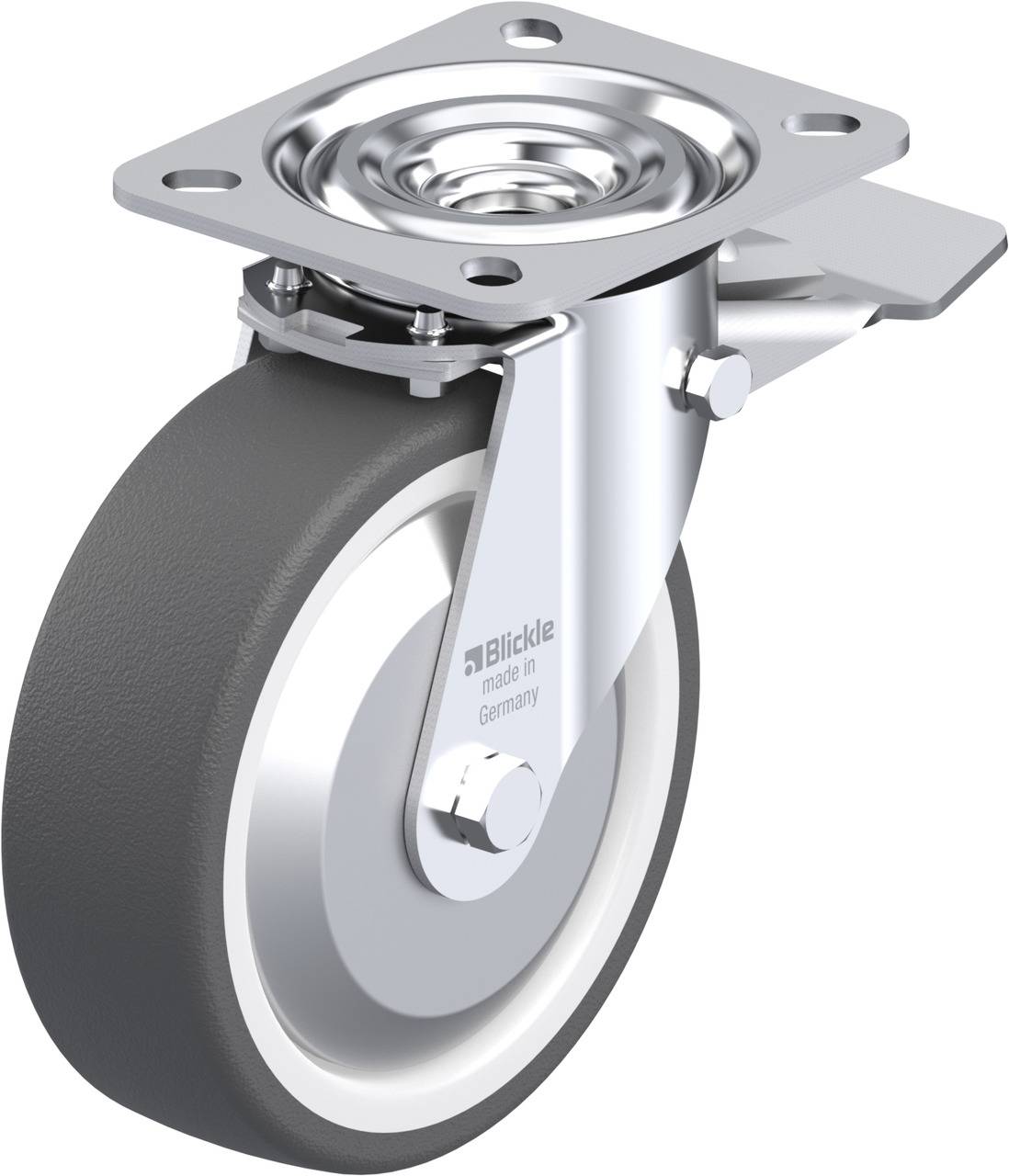 Schwenkrolle aus Metall mit grauem Rad und Befestigungsplatte, beschriftet mit 'Blickle, made in Germany'.