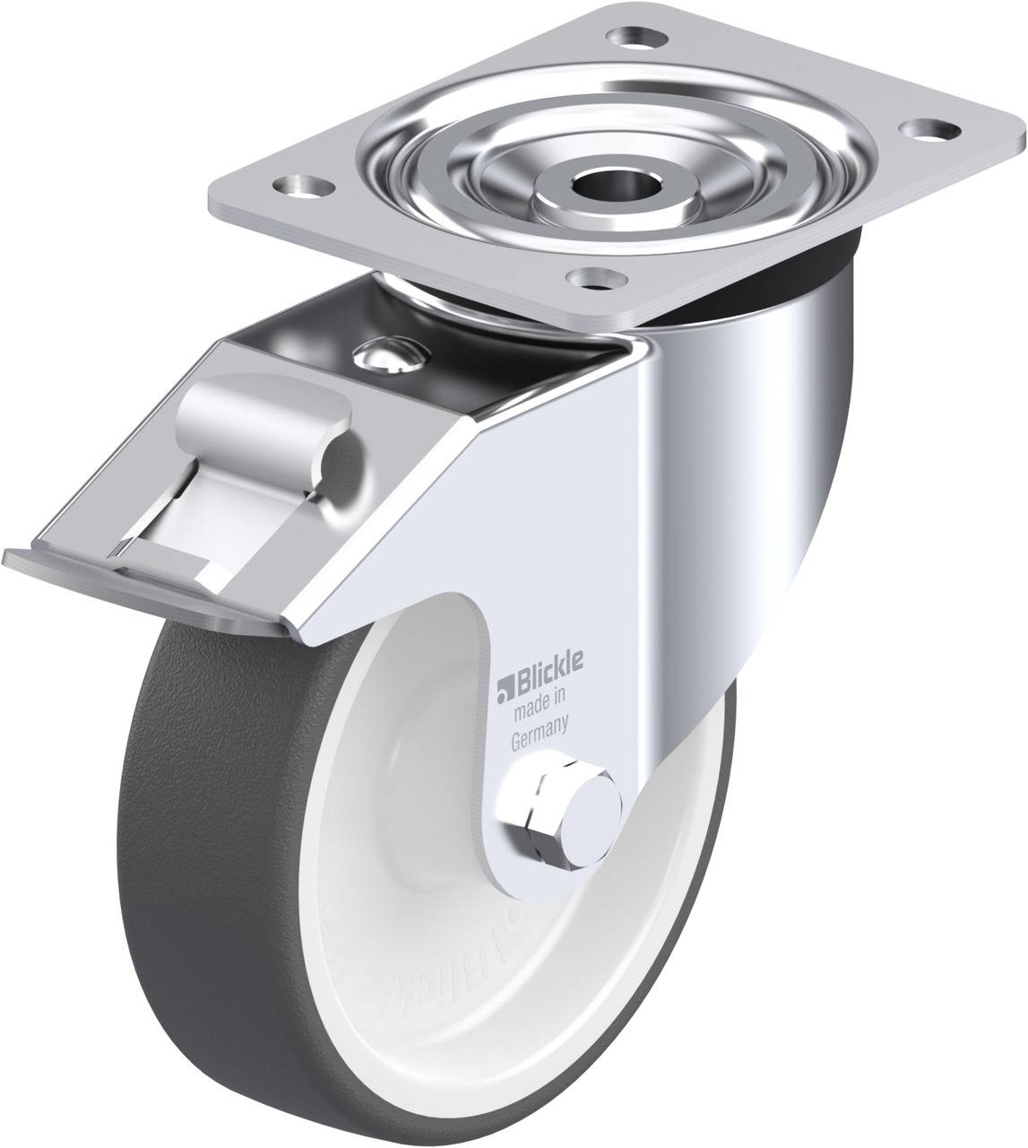 Eine graue Rolle mit Metallgehäuse, geeignet für Möbel oder Transportwagen. Befestigungsplatte oben, Raddurchmesser etwa 10 cm.