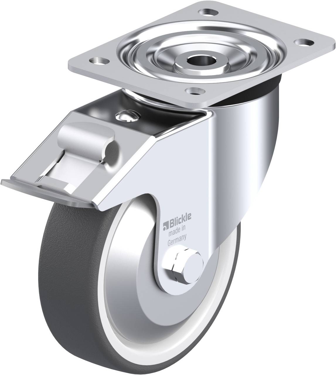 Metallisches, drehbares und schwenkbares Rad mit Bremse und grauer Gummireifen auf Metallplatte montiert.