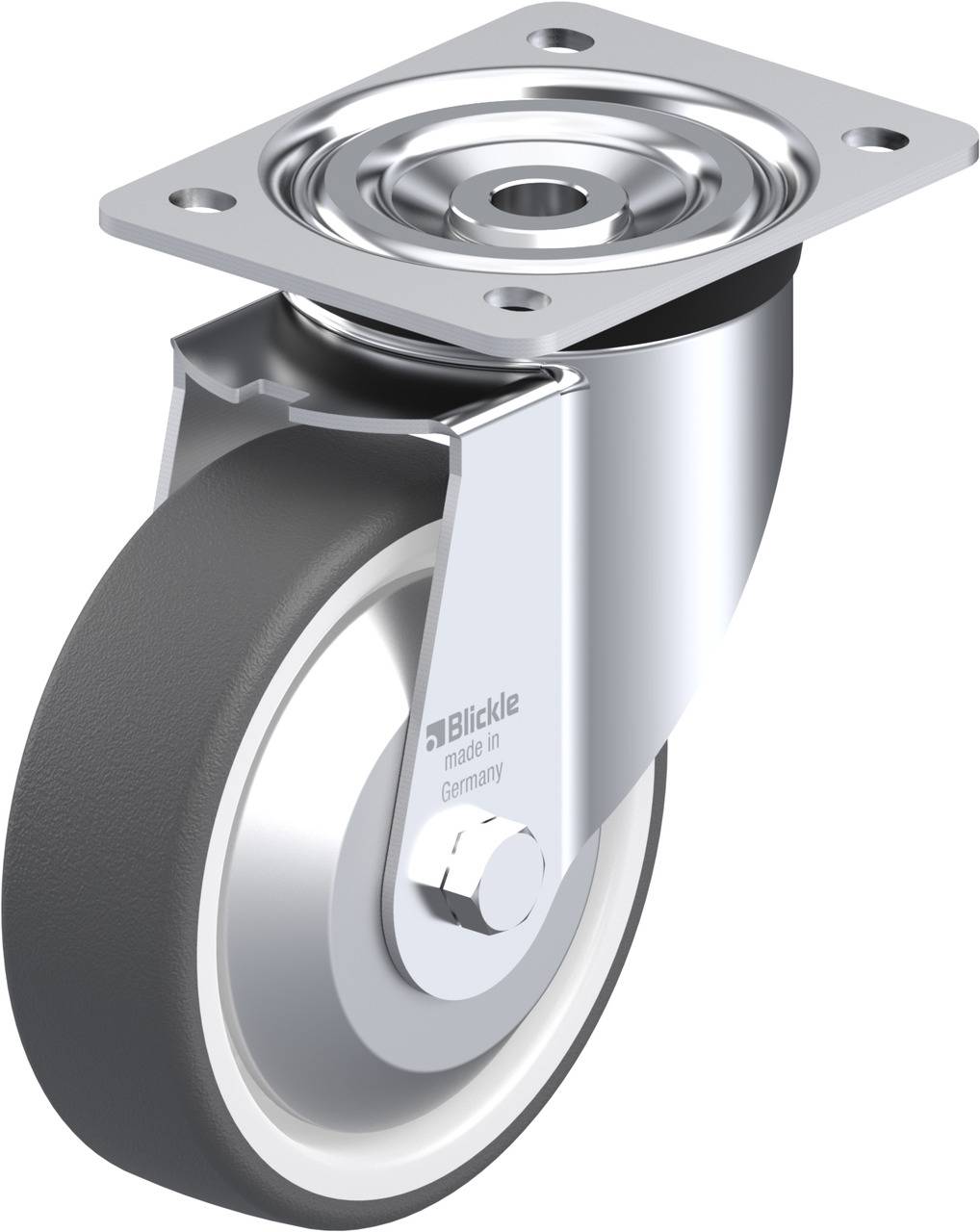 Eine graue Lenkrolle mit metallischer Halterung und Befestigungsplatte, geeignet für den Einsatz an Transportgeräten oder Möbeln.