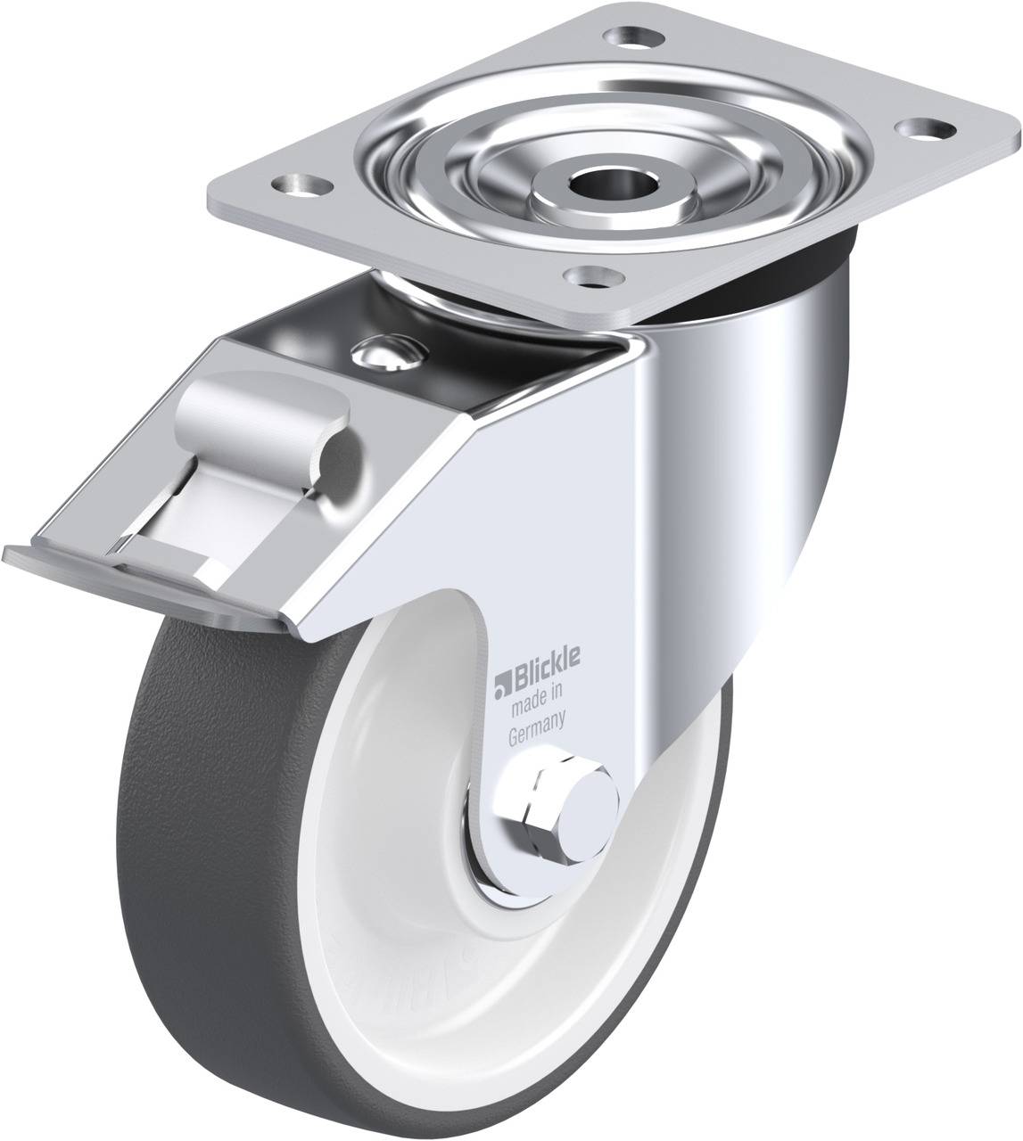 Drehbar: Eine Rolle mit grauem, gummiertem Rad und silbernem Metallgehäuse. Befestigungsplatte oben für einfache Montage.