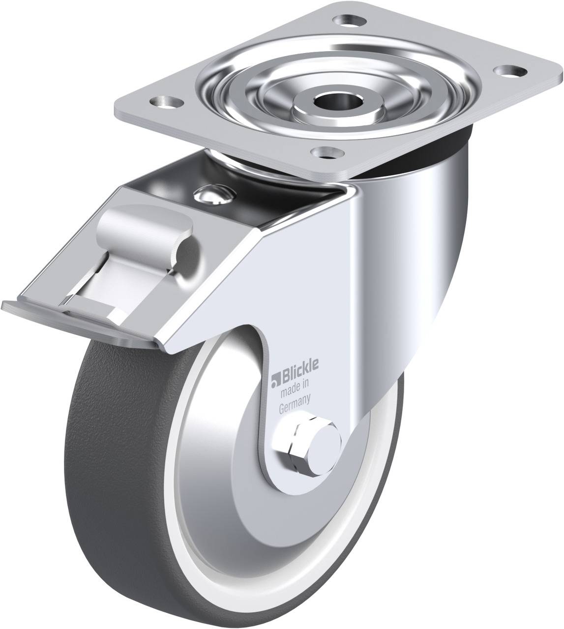 Lenkrolle aus Metall mit Feststellbremse, geeignet für Möbel und Transportgeräte.