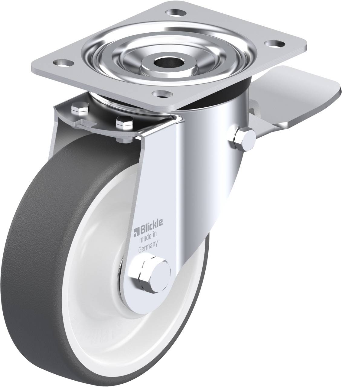 Ein Schwerlast-Rollenrad aus Metall, geeignet für industrielle Anwendungen. Es hat eine robuste Konstruktion mit einer silbernen Oberfläche.