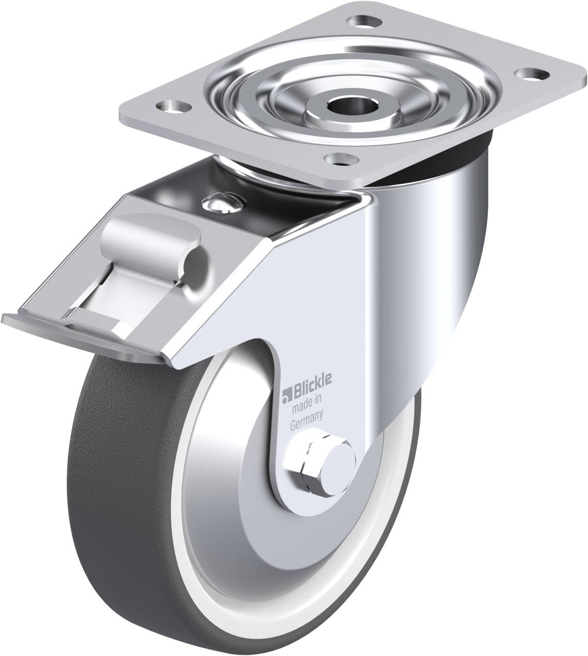 Eine schwenkbare Rolle aus Metall und Gummi mit Befestigungsplatte, oft für Möbel oder Geräte verwendet.