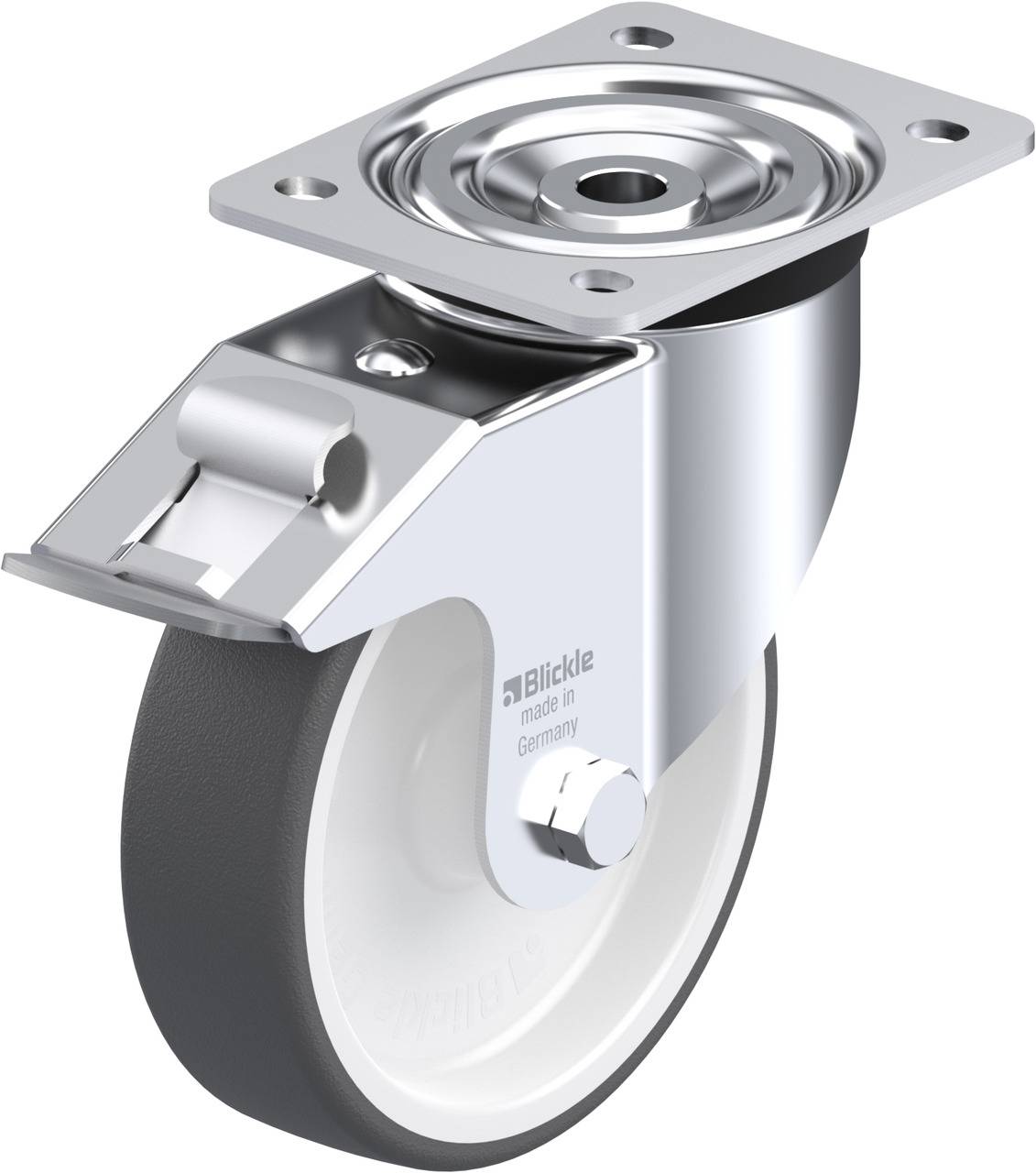 Schwenkrolle mit weißem Rad und schwarzem Rand, Metalloberteil mit Montageplatte, geeignet für Möbelfüße oder Industriegeräte.