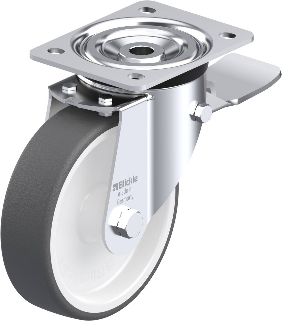 Rollenrad aus Metall und Kunststoff mit grauem Reifen und Befestigungsplatte, geeignet für Möbel oder Geräte.