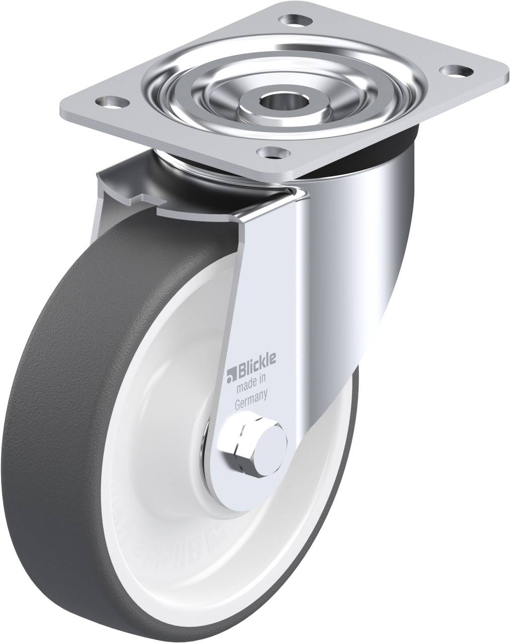Grauer und weißer Laufrollen-Rad aus Metall und Kunststoff mit Befestigungsplatte. Markenname 'Blickle' und 'made in Germany' graviert.