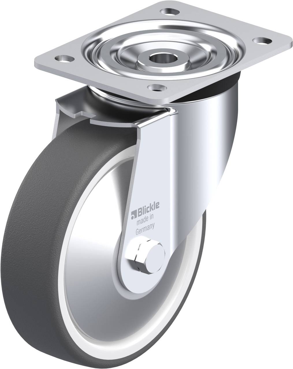 Industrie-Lenkrolle aus Metall mit schwarzem Gummirad, oberer Montageplatte und integriertem Kugellager für sanftes Drehen.