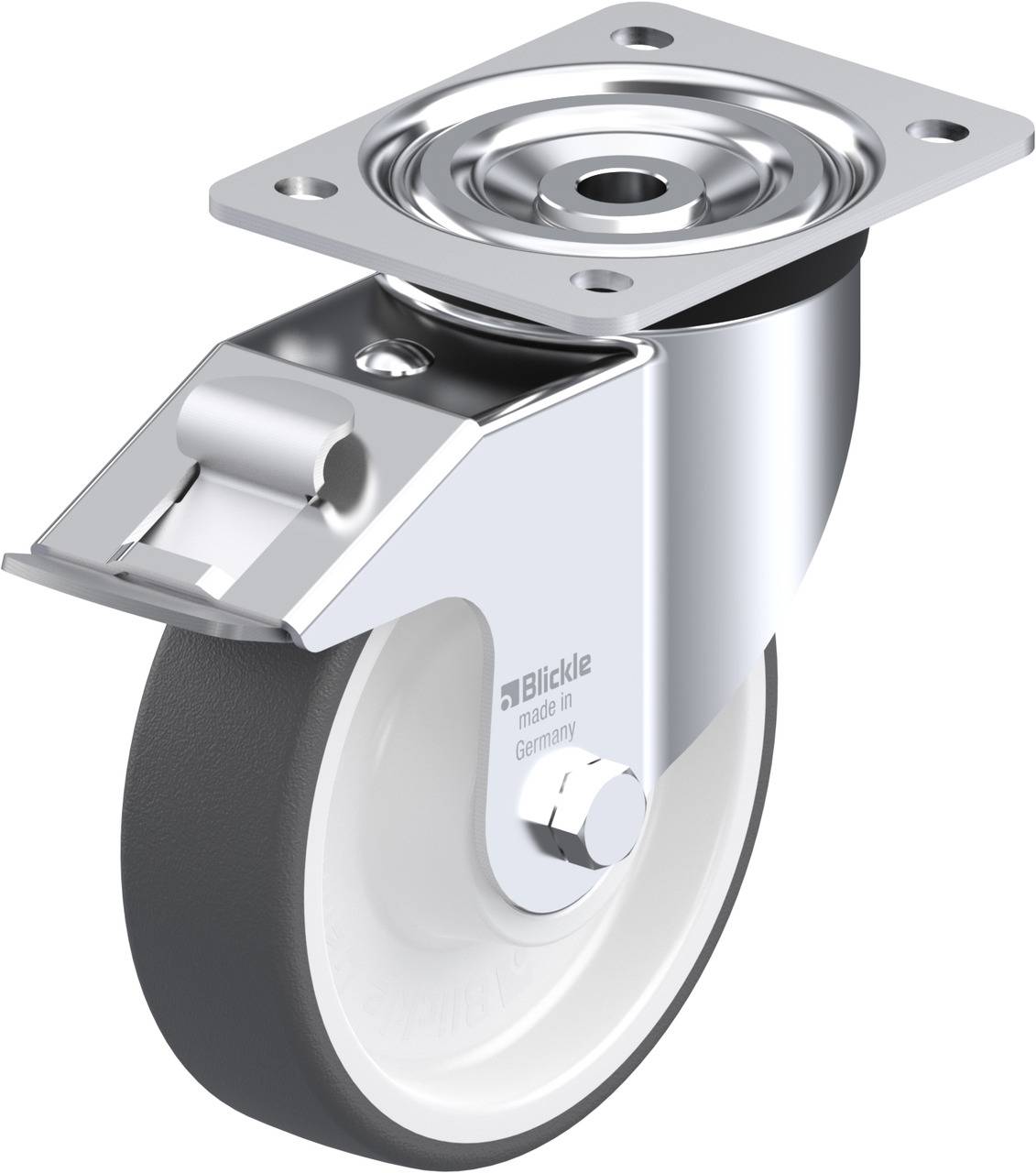 Industrie-Schwenkrolle aus Metall mit grauem Gummirad, geeignet für schwere Lasten. Oberteil zur Befestigung an Geräten oder Wagen.