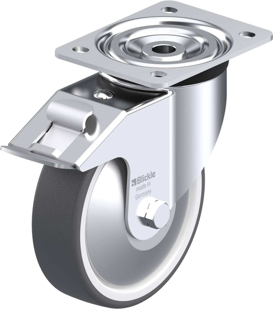 Schwenkrolle aus Metall mit Gummirad, Befestigungsplatte und Gabel. Ideal für Möbel und Geräte, die mobil sein müssen.
