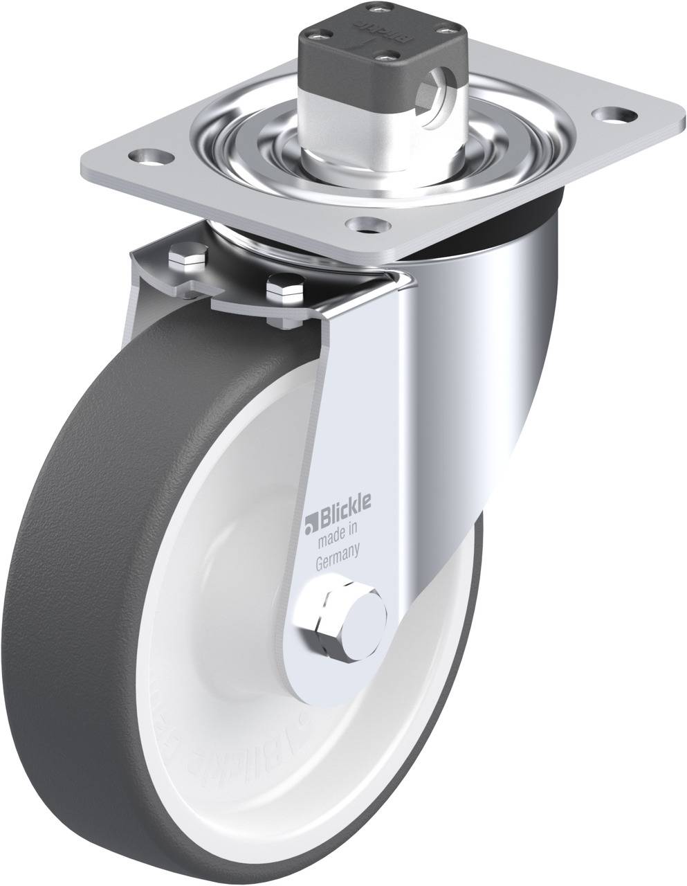 Eine stabile Lenkrolle aus Metall mit grauem Rad und montierter Platte zur Befestigung. Markenname auf der Halterung sichtbar.