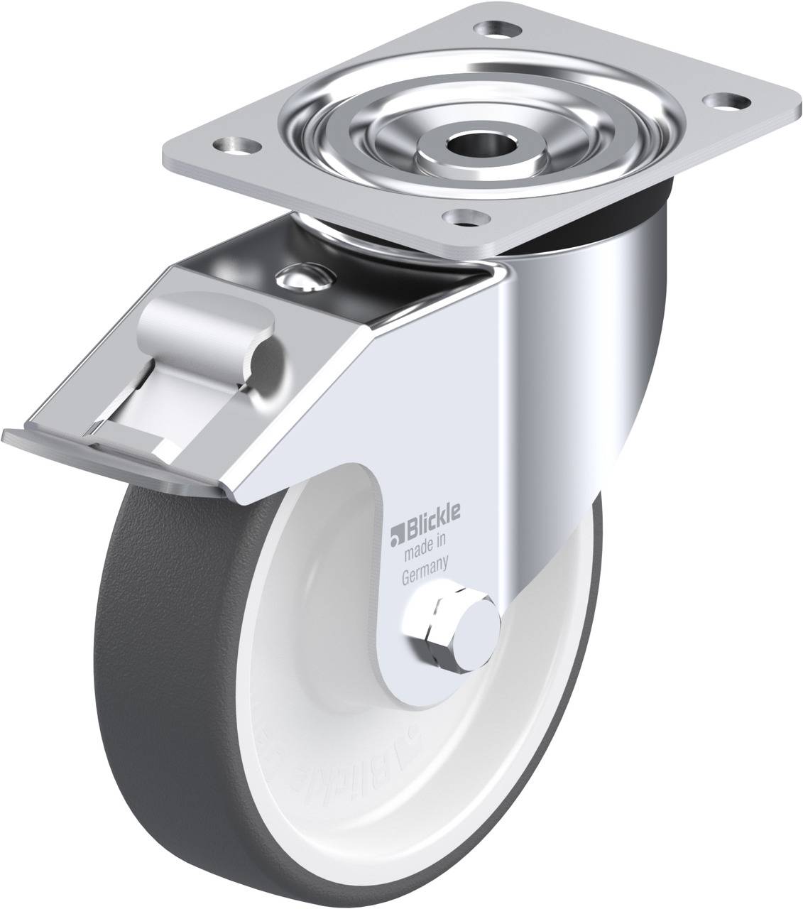 Metallisches Lenkrollengehäuse mit Bremse, schwarzes Rad. Auf dem Gehäuse steht 'Blickle made in Germany'.