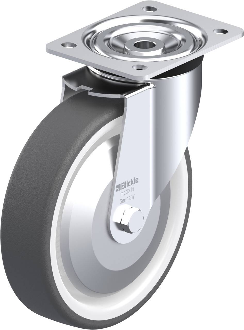 Grau-schwarzes Rad mit kreisförmiger Metallhalterung; dient als Lenkrolle für Möbel oder Geräte.