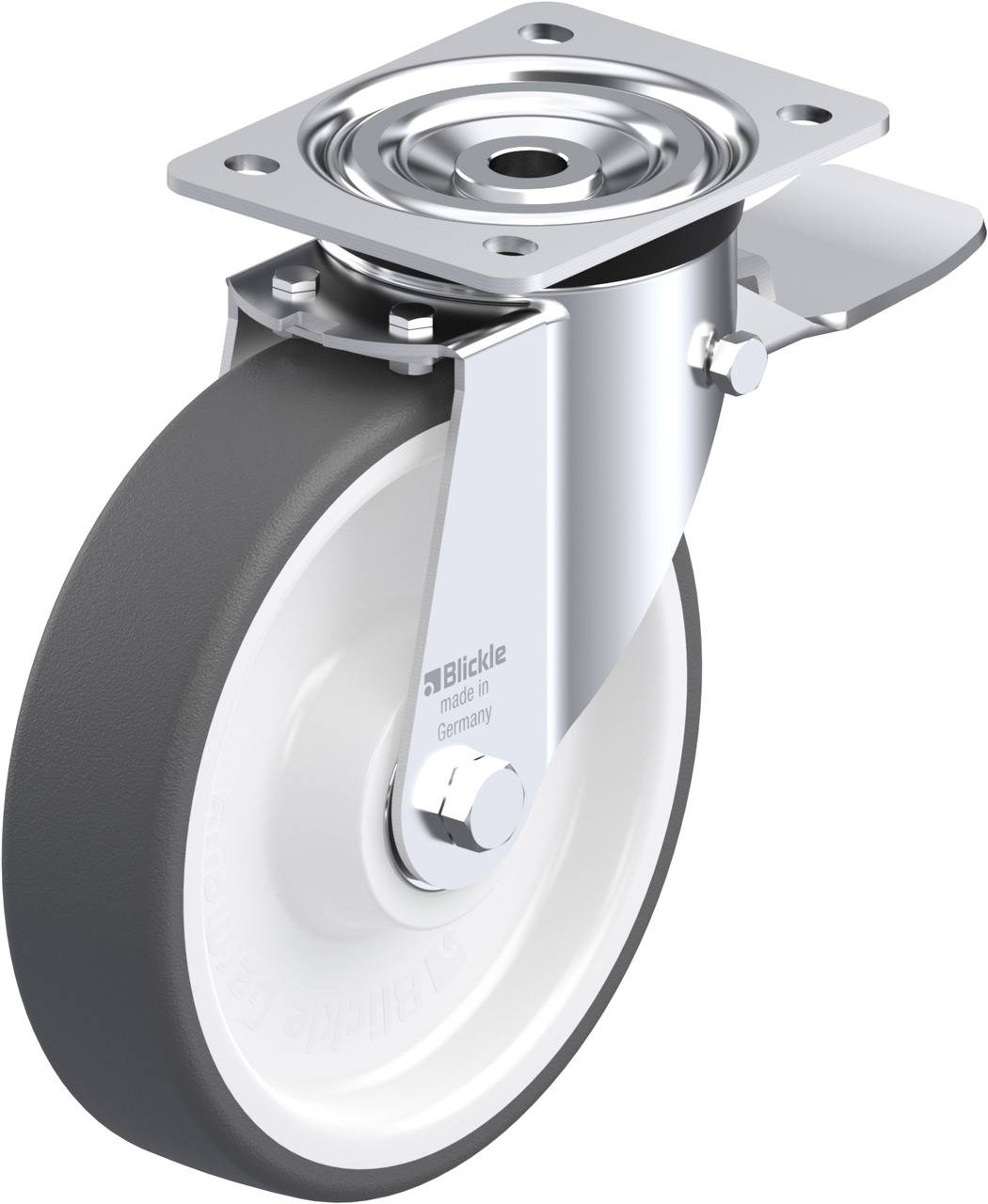 Schwerlastrolle aus Metall und Gummi für industrielle Anwendungen. Robuste Bauweise, geeignet für den Einsatz in Transportwagen.