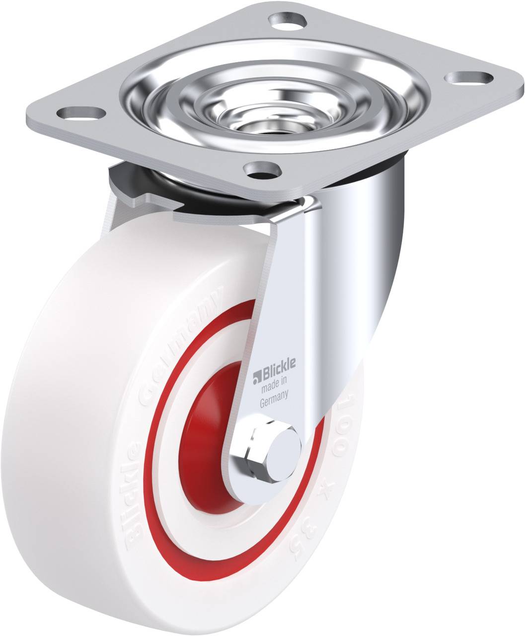 Industrie-Lenkrolle aus Metall mit weißem Rad und rotem Ring. Oberflächenmontageplatte oben. Modellnummer und Hersteller 'Blickle' erkennbar.