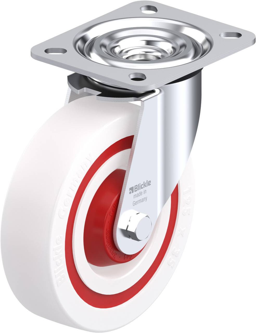 Schwenkrolle mit weißem Rad und rotem Mittelteil, montiert an silbernem Metallgestell.