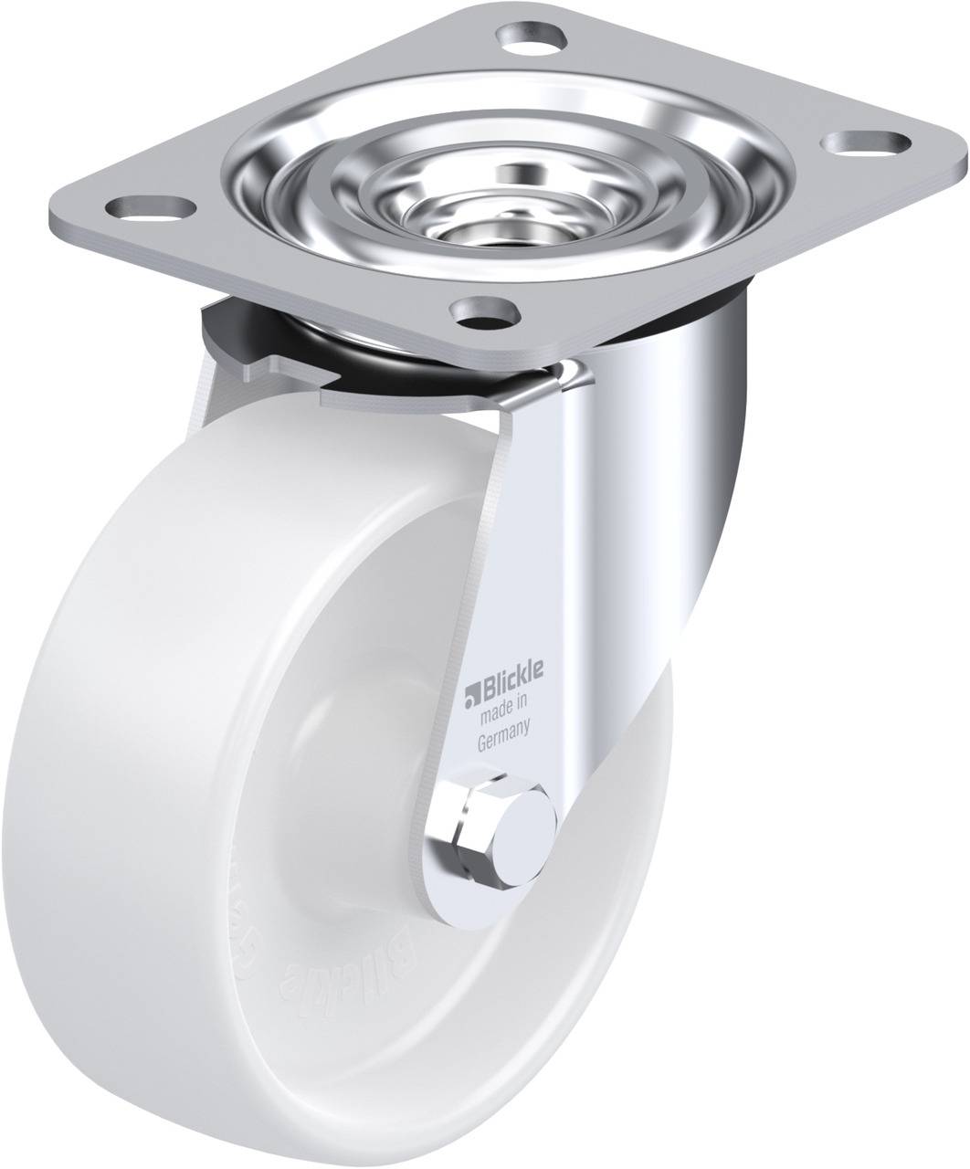 Ein weißes Schwenkrad mit Metallhalterung und Platte. Geeignet für Möbel oder Transportgeräte. Aufschrift 'Blickle' auf dem Halter.
