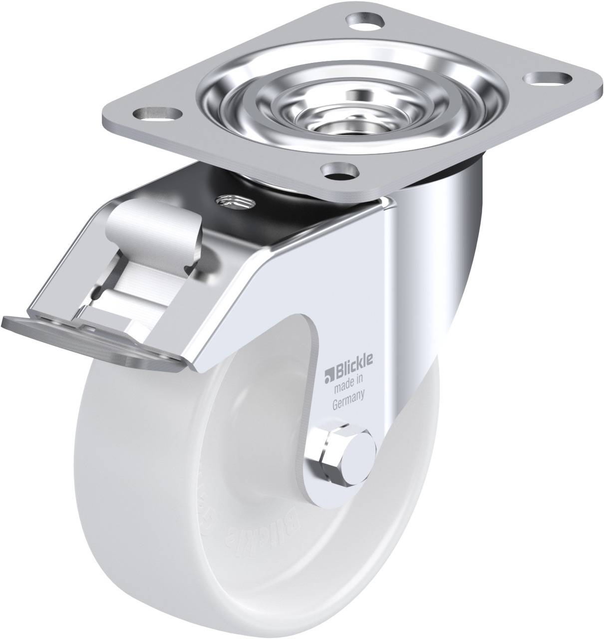 Lenkrolle aus Metall mit weißem Rad, Feststeller und Montageplatte.