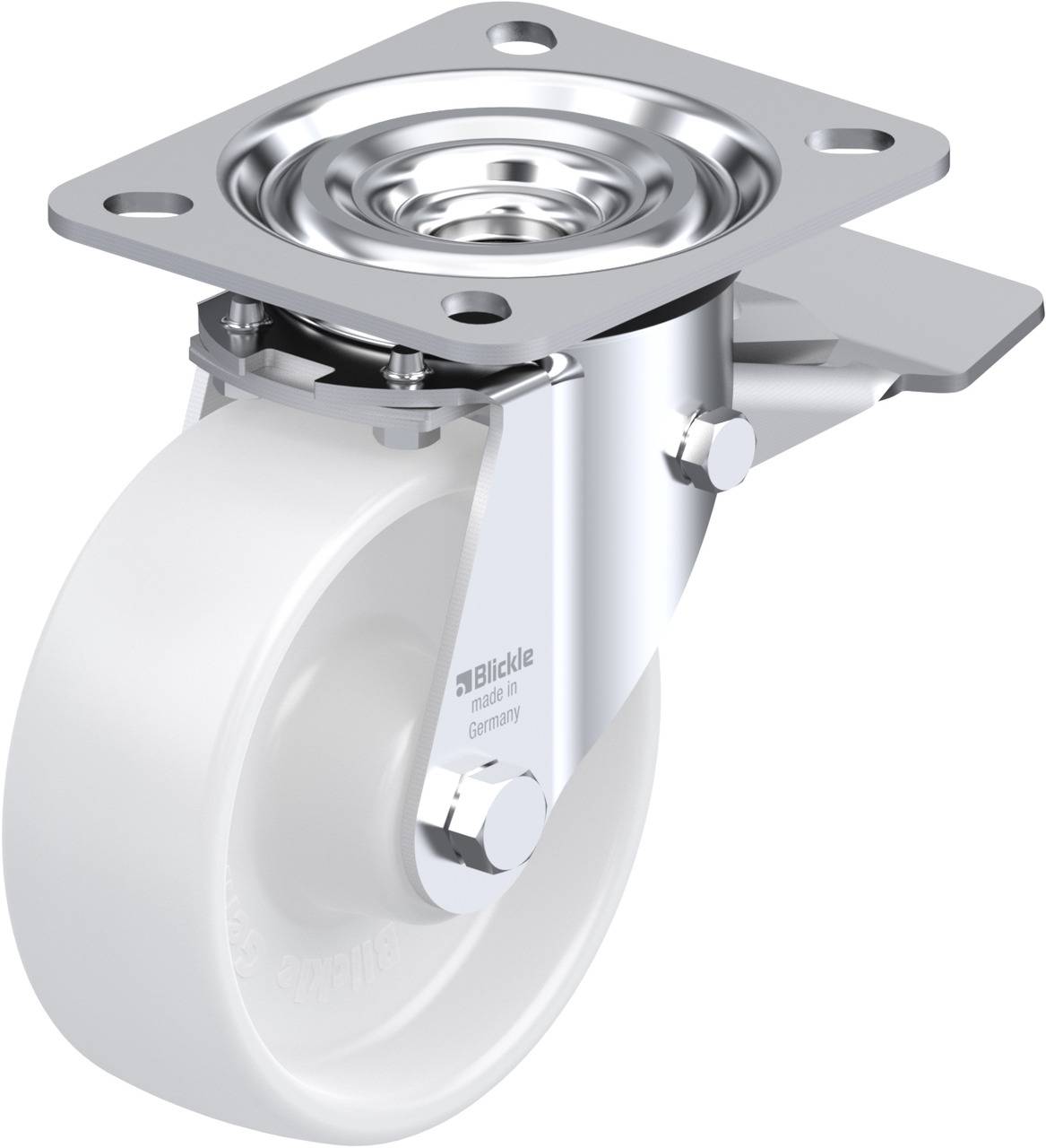 Schwenkrolle mit weißem Rad und Stahlplatte. Geeignet für schwere Lasten auf glatten Böden.