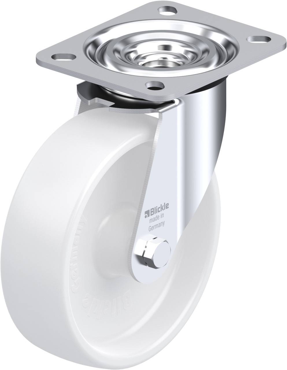 Eine Metallrolle mit weißem Rad und schwenkbarer Halterung, geeignet für Möbel oder Transportgeräte.