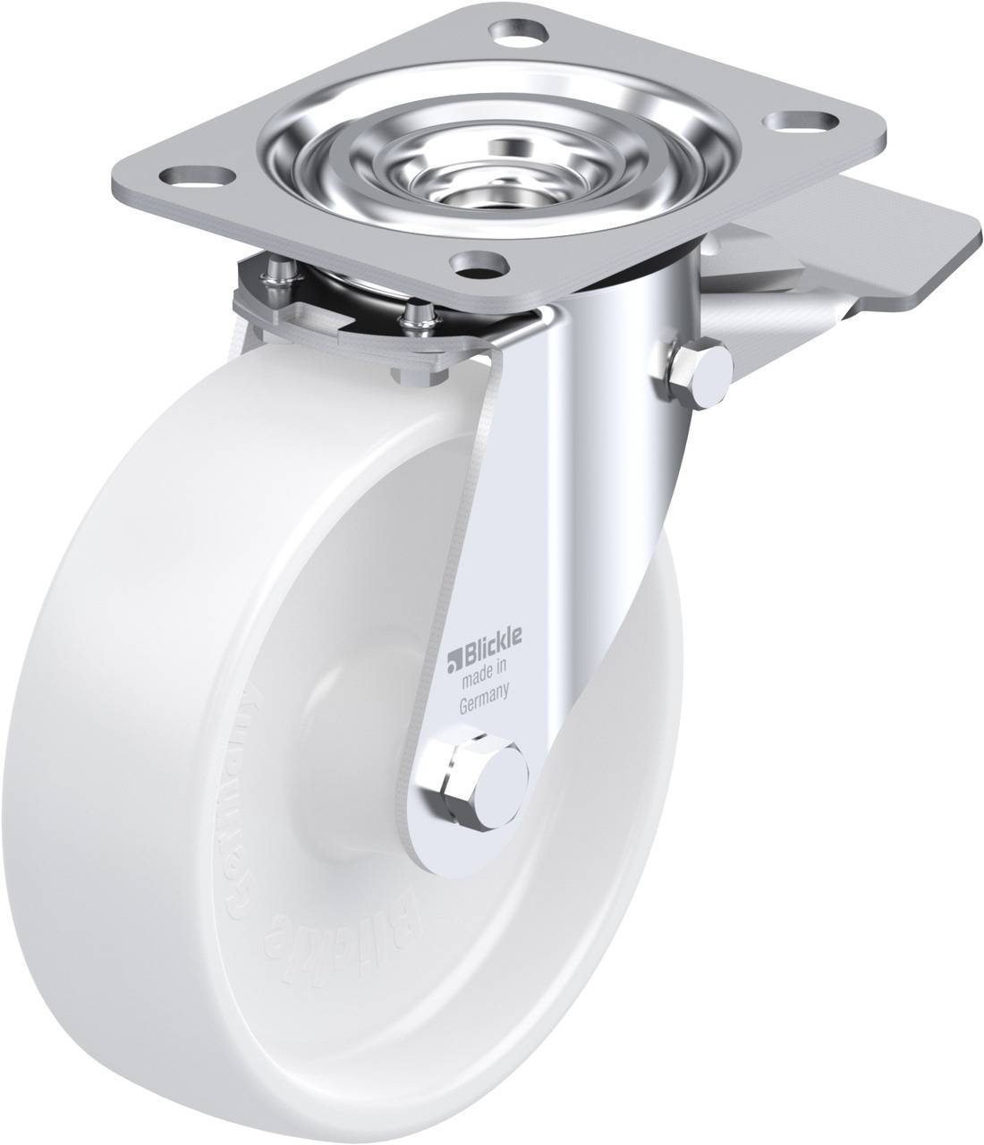 Schwenkrolle mit weißem Rad und Metallhalterung. Oben zu sehen ist eine Metallplatte mit Löchern zur Befestigung.