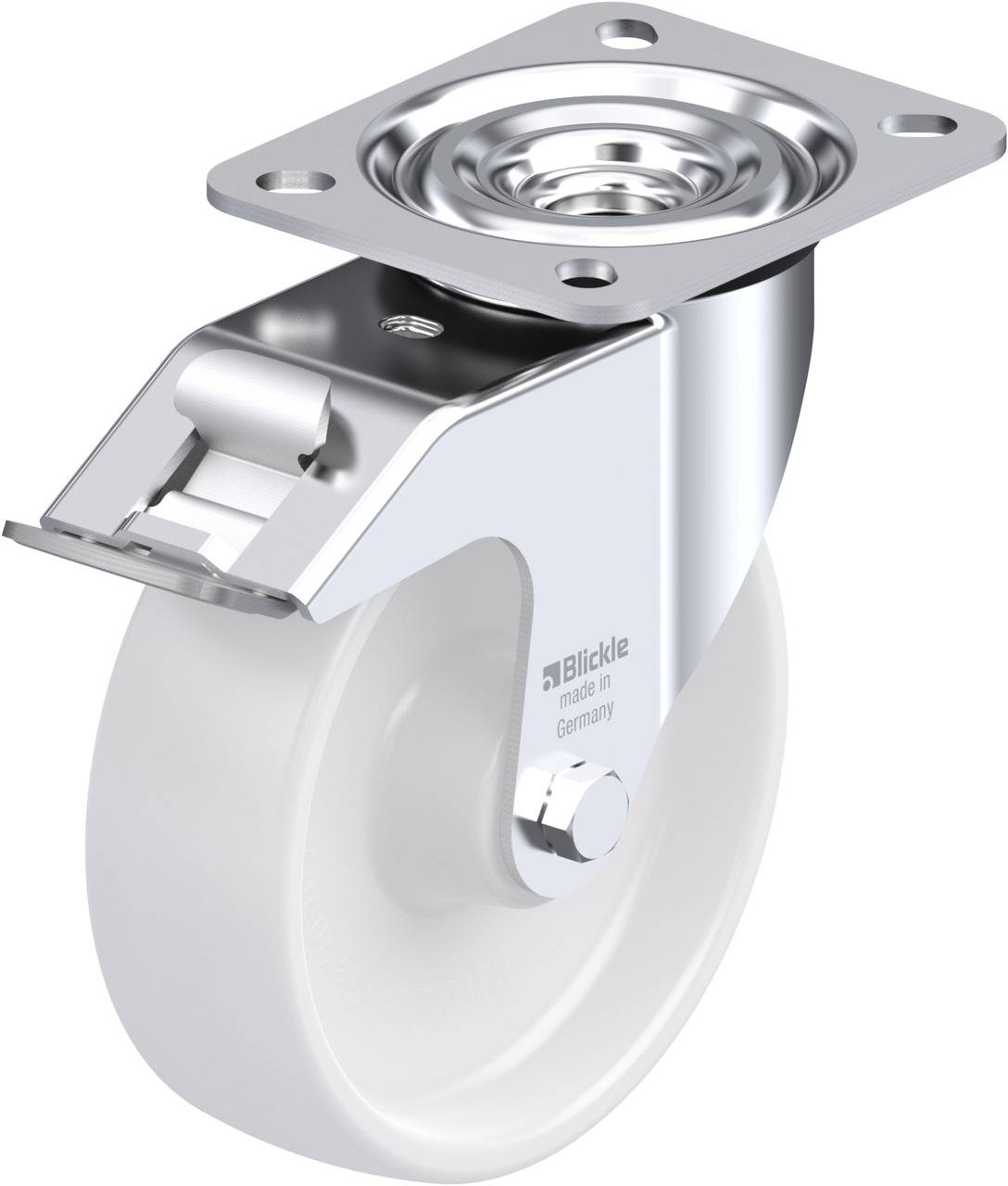 Einzeln abgebildetes Schwenkrollengehäuse aus Metall mit weißem Rad, geeignet für bewegliche Möbel oder Geräte.