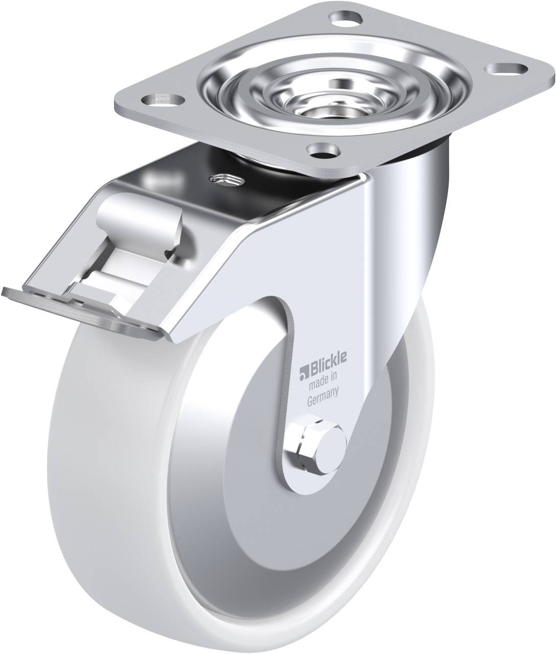Rollenrad aus Metall mit weißem Kunststoffrad und rechteckiger Befestigungsplatte, geeignet für Möbel oder Industrieanwendungen.