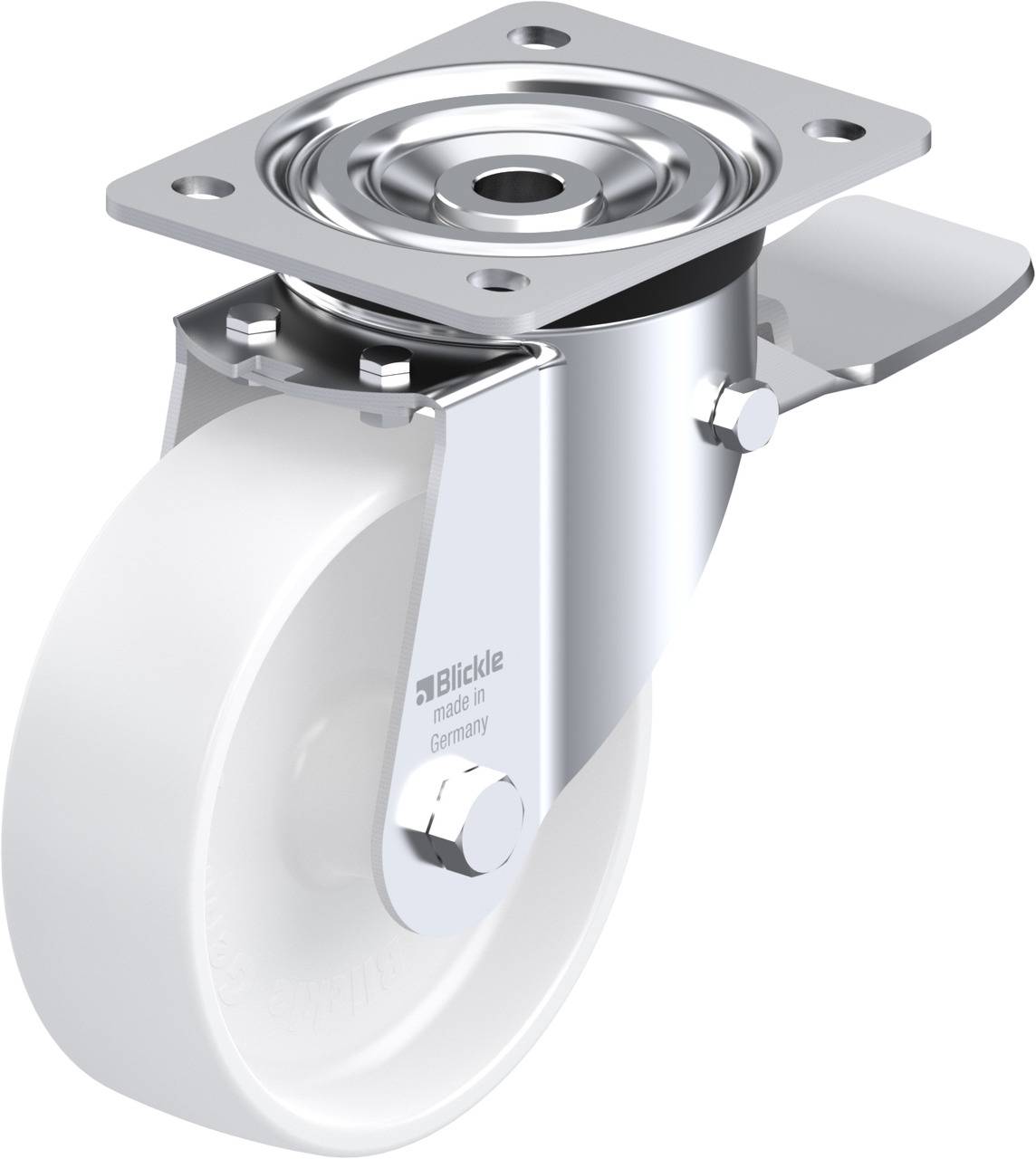 Ein Schwenkrolle aus Metall und Kunststoff, mit einer Halterung für die Montage. Sie ist für industrielle Anwendungen geeignet.