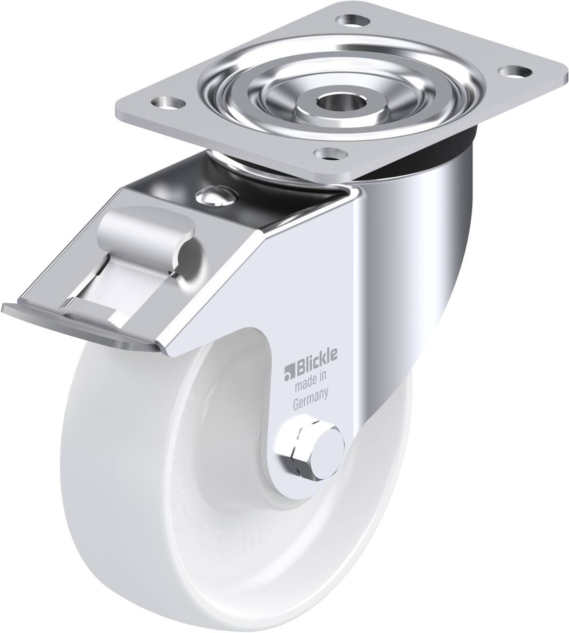 Schwenkrolle mit weißem Rad und silberner Halterung, Hersteller 'Blickle'. Geeignet für Möbel oder Geräte, belastbar und leichtlaufend.