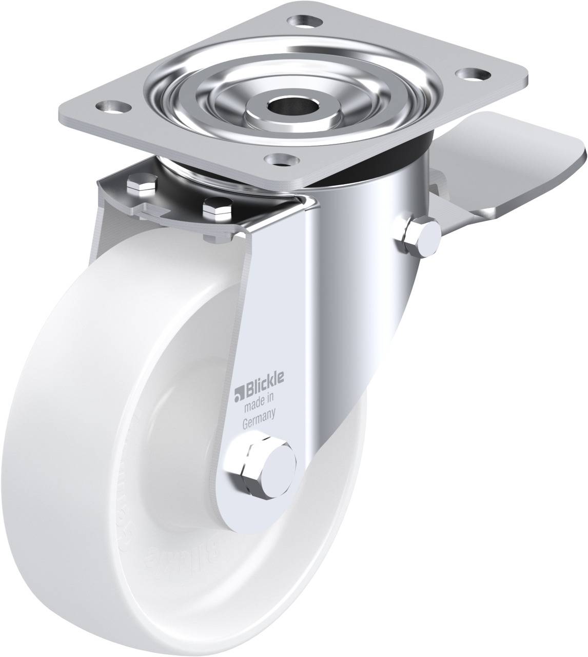 Schwenkrolle mit weißem Rad und silbernem Metallgestell, seitlicher Feststeller. Aufschrift 'Blickle made in Germany'.
