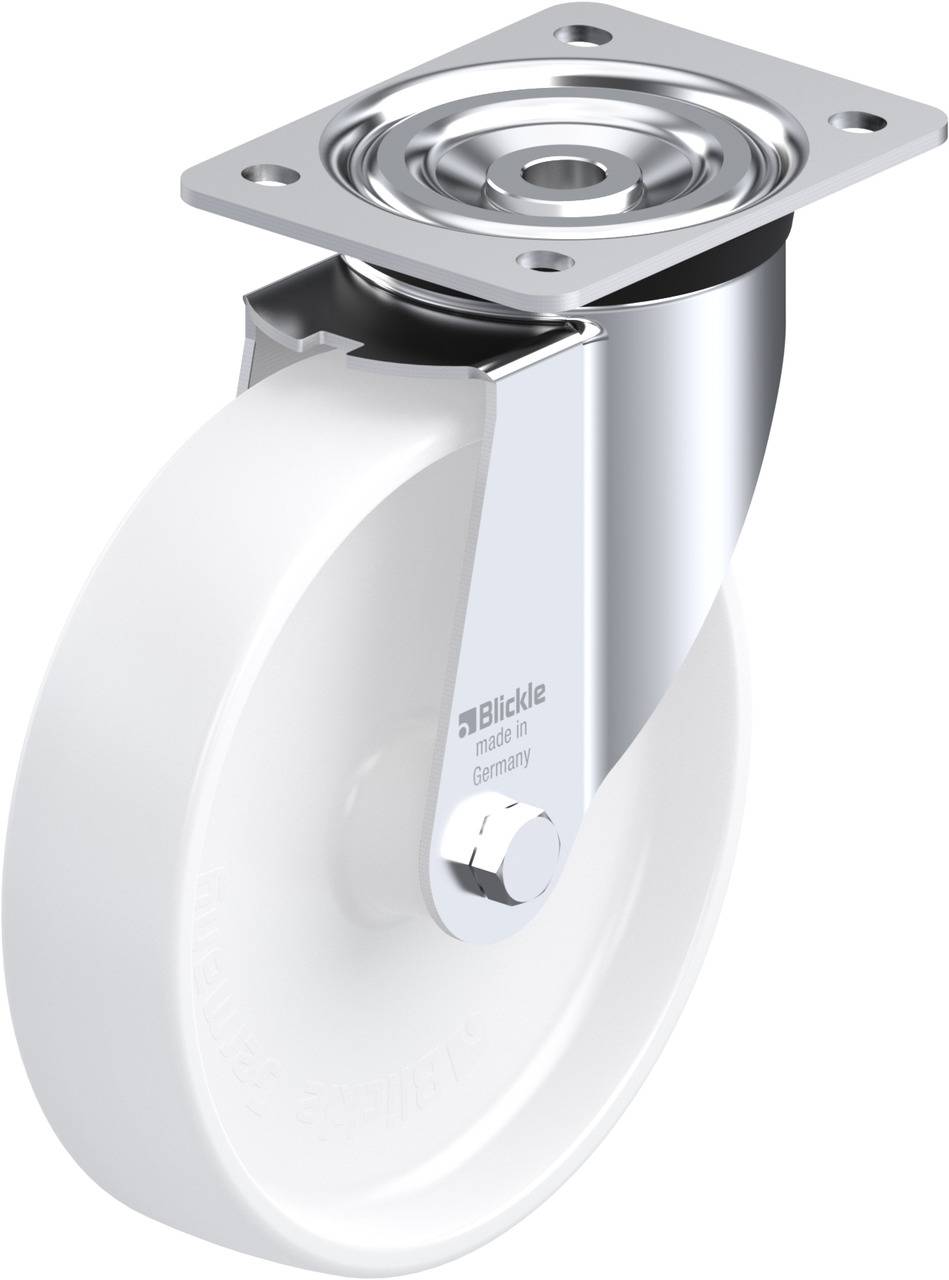 Schwenkrolle mit silberner Metallhalterung und weißem Rad. Geeignet für verschiedene Transportgeräte und Möbel.
