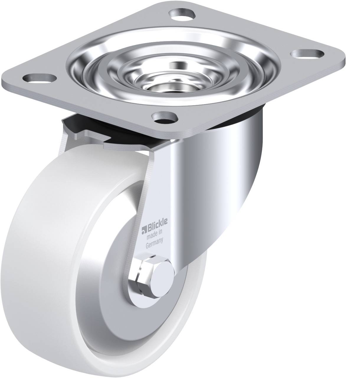 Ein einzelnes Lenkrolle aus Metall mit weißem Rad, Marke 