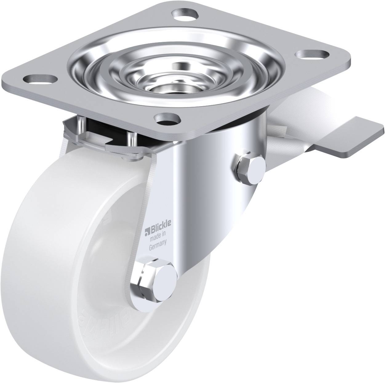 Schwenkrolle aus Metall mit weißem Rad, geeignet für den Einsatz in Transport- oder Möbelanwendungen.